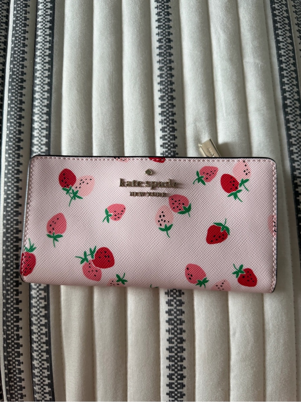 kate spade Pink Strawberry Print Zip Wallet with Gold Logo